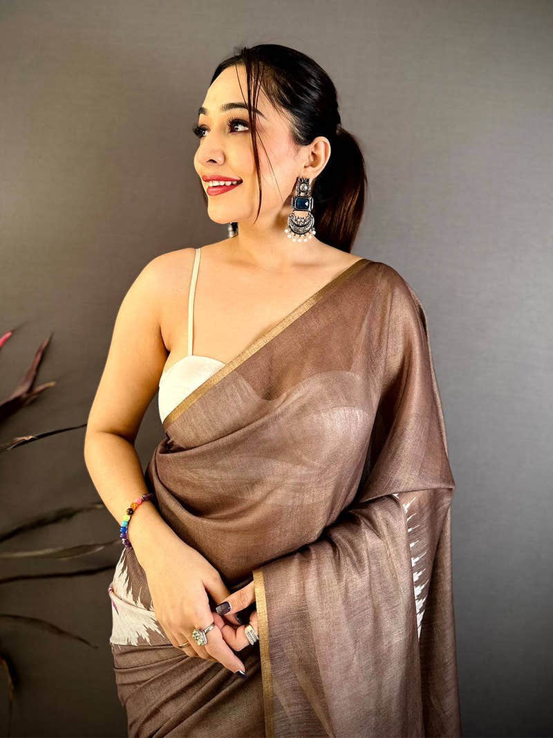 Brown Floral Ikat Linen Chanderi Saree