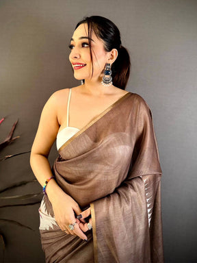 Brown Floral Ikat Linen Chanderi Saree