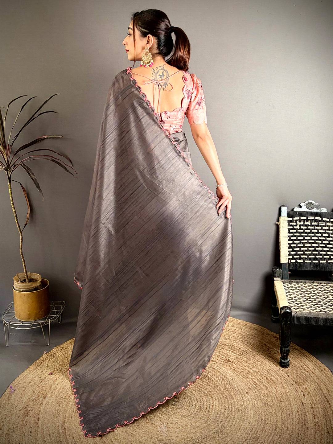 Korean Tussar Contrast Cutwork Saree