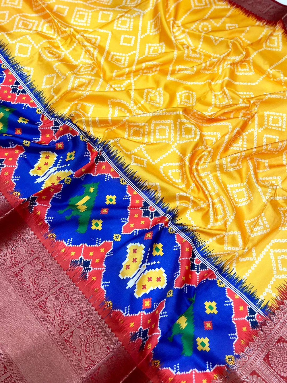 Yellow Bandhej Printed Banarasi Saree