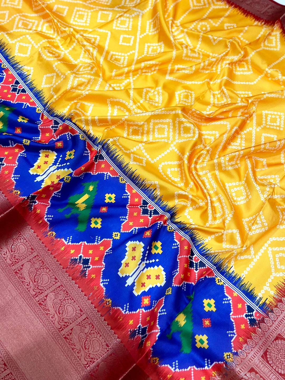 Yellow Bandhej Printed Banarasi Saree
