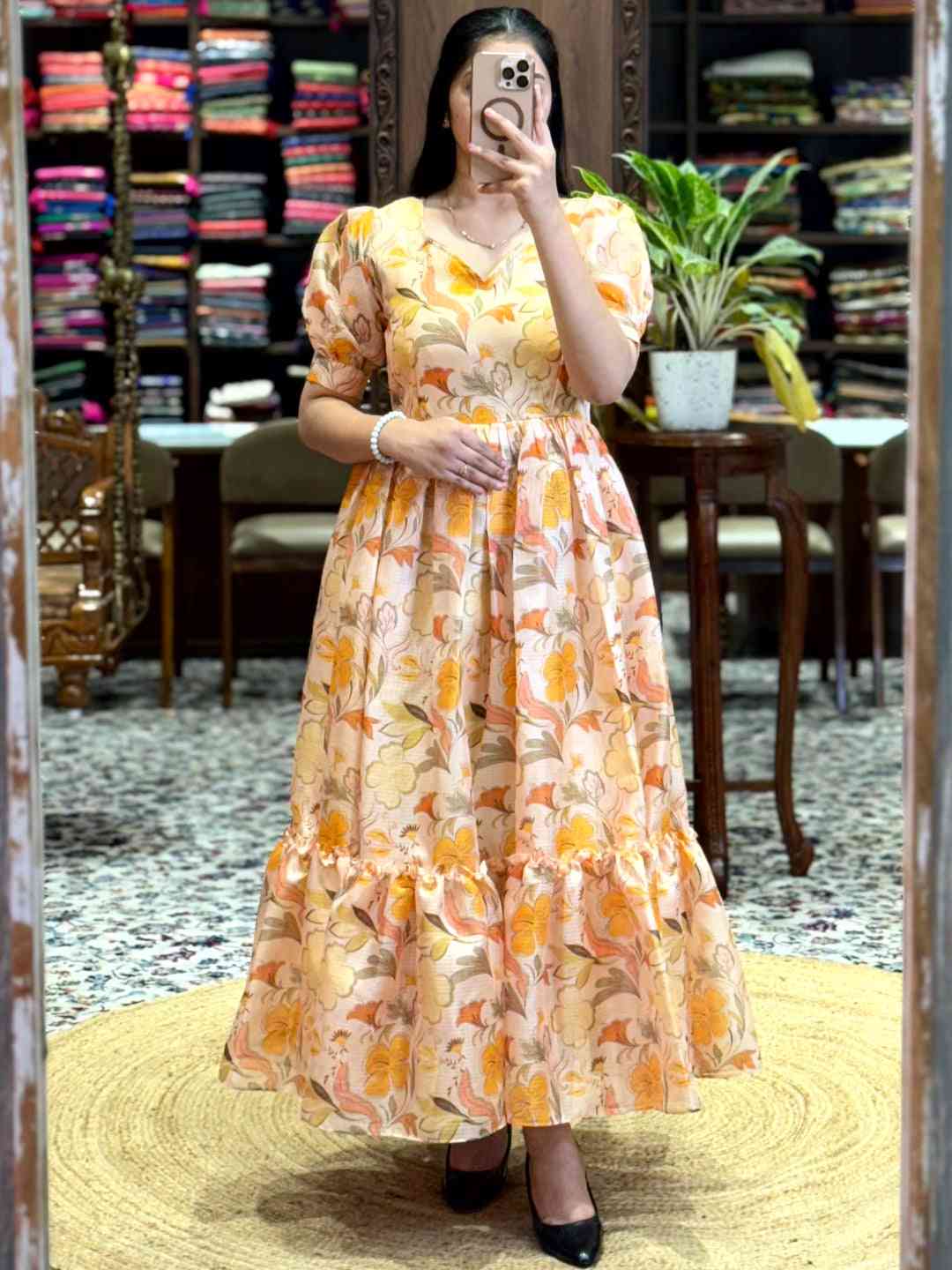 Light Yellow Floral Print Midi Dress