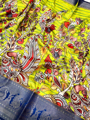 Lime Green Kalamkari Digital Prints Saree