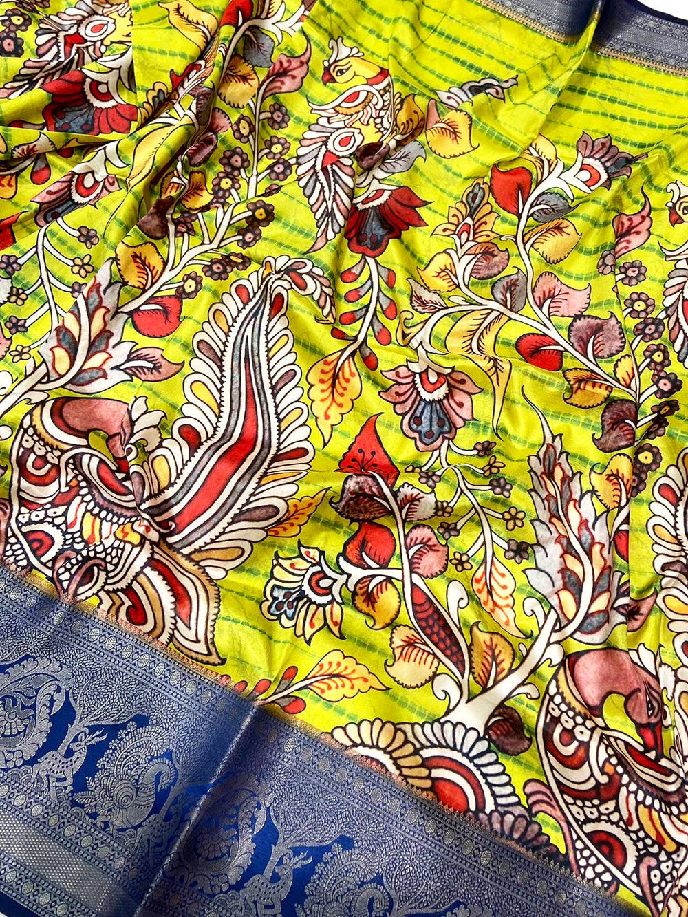 Lime Green Kalamkari Digital Prints Saree