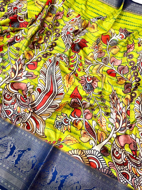 Lime Green Kalamkari Digital Prints Saree