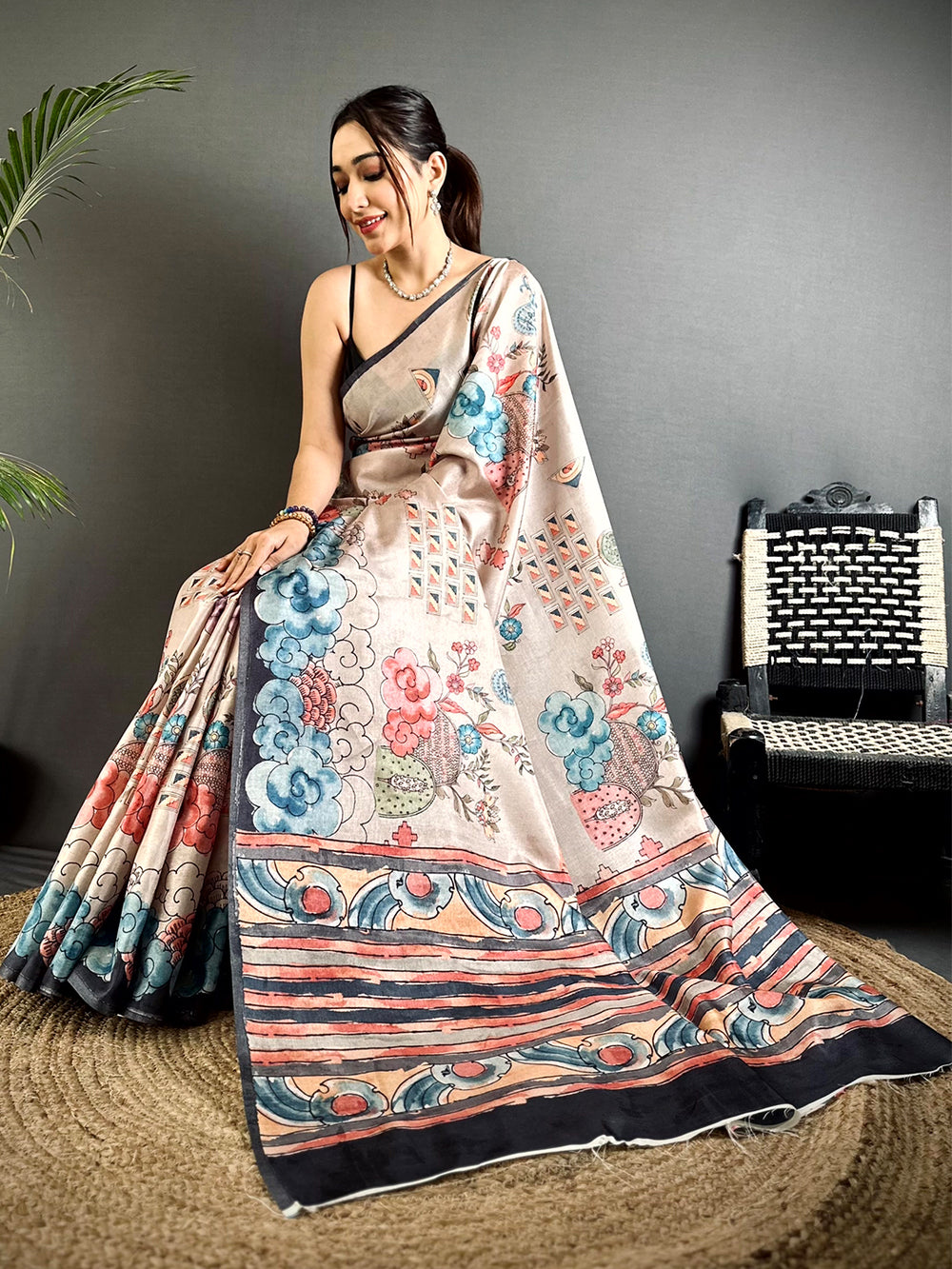 Radiance Floral Kalamkari Tussar Saree