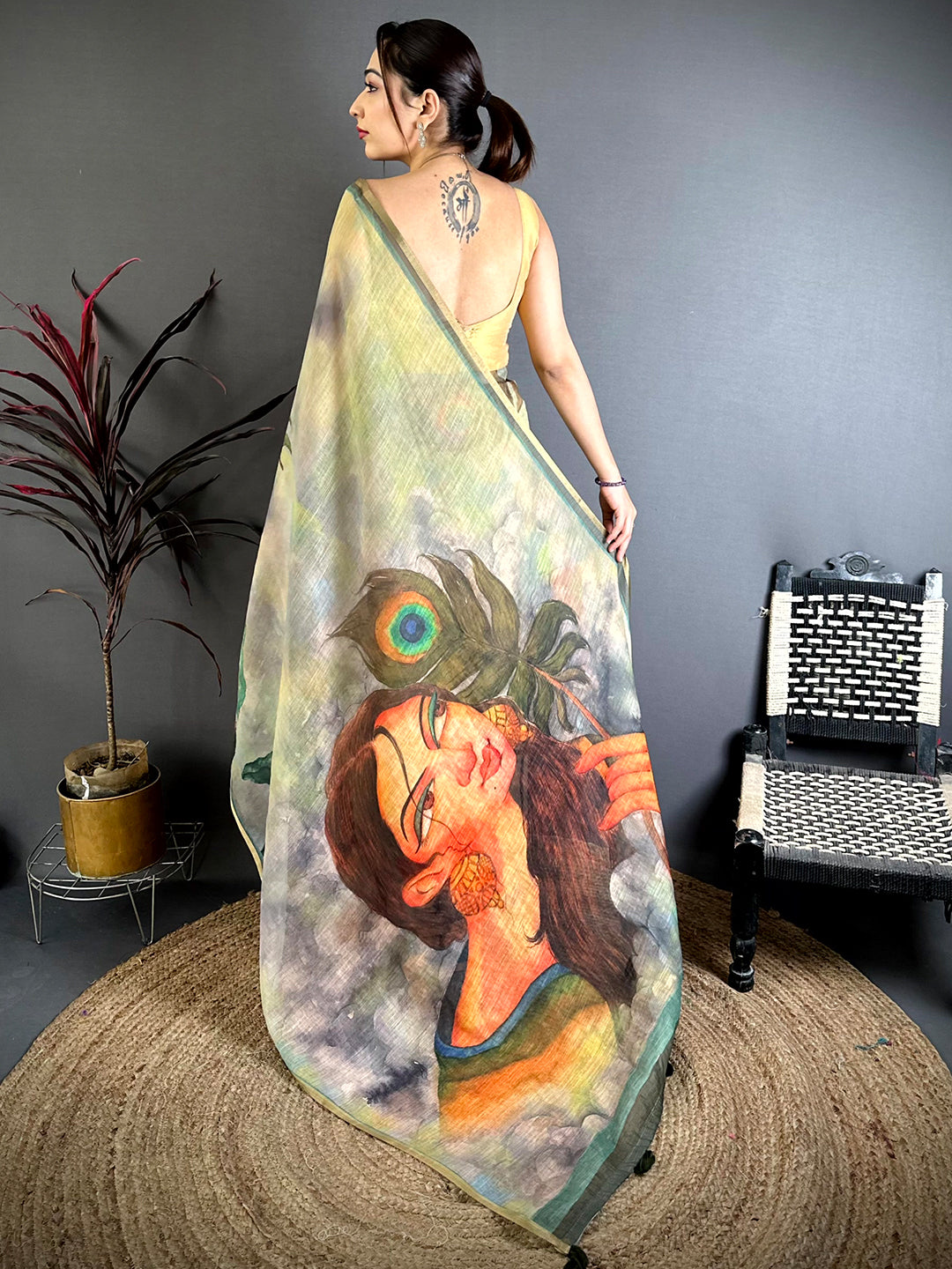 Olive Pen Kalamkari Linen Saree