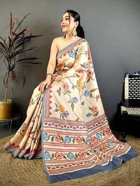Classic 3D Embroidered Print Tussar Saree