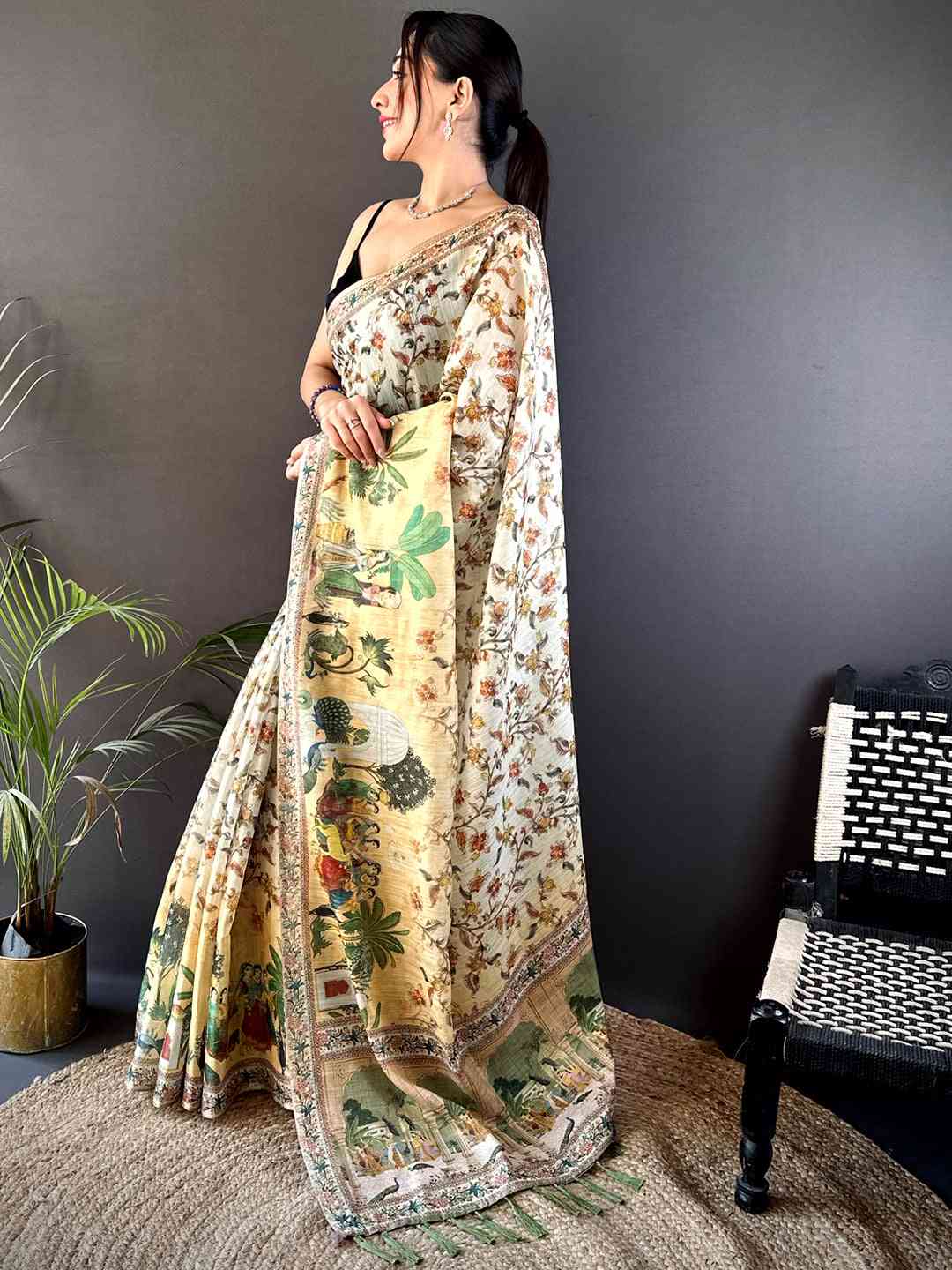 Off White Tussar Pashmina Kalamkari Saree