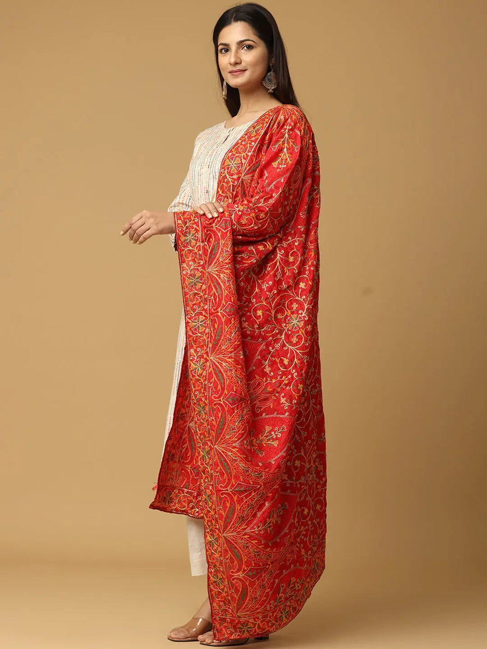 Side view of Red Poly Chiffon Pashmina Dupatta