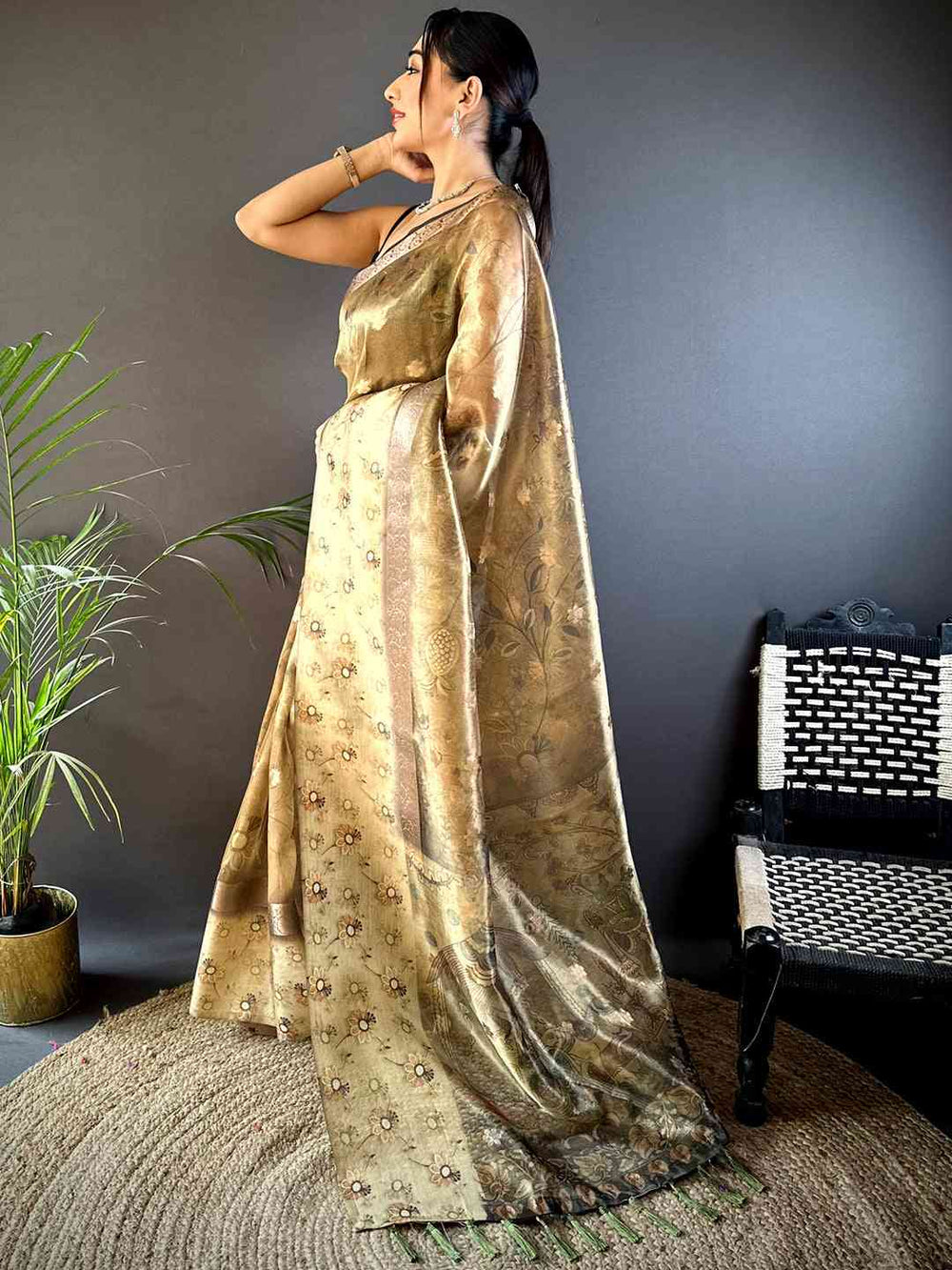 Light Pista Floral Satin Bentex Border Saree