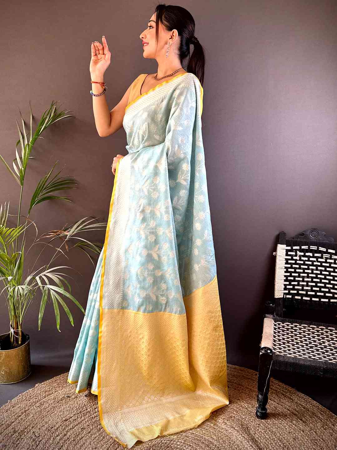 Sky Blue Kota Kora Zari Floral Weave Saree
