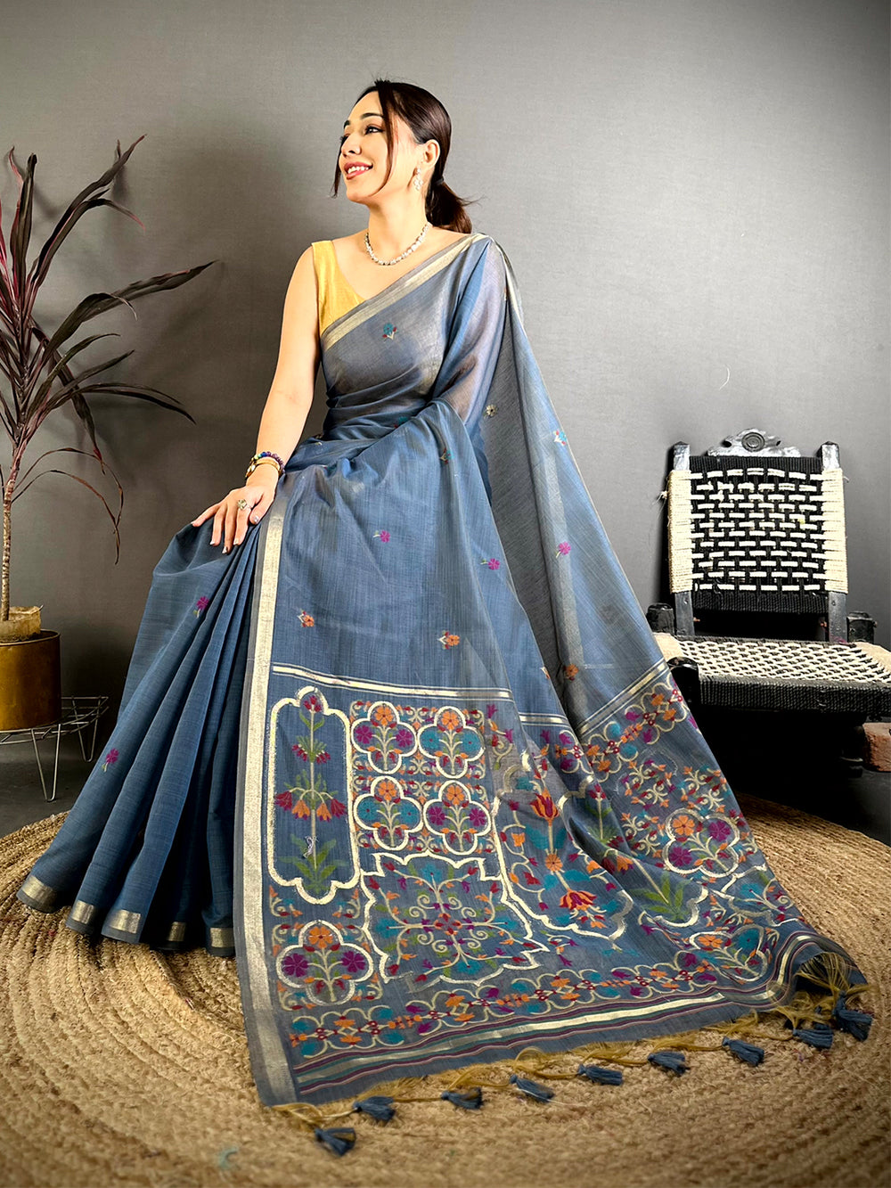 Navy Minakari Khadi Cotton Saree