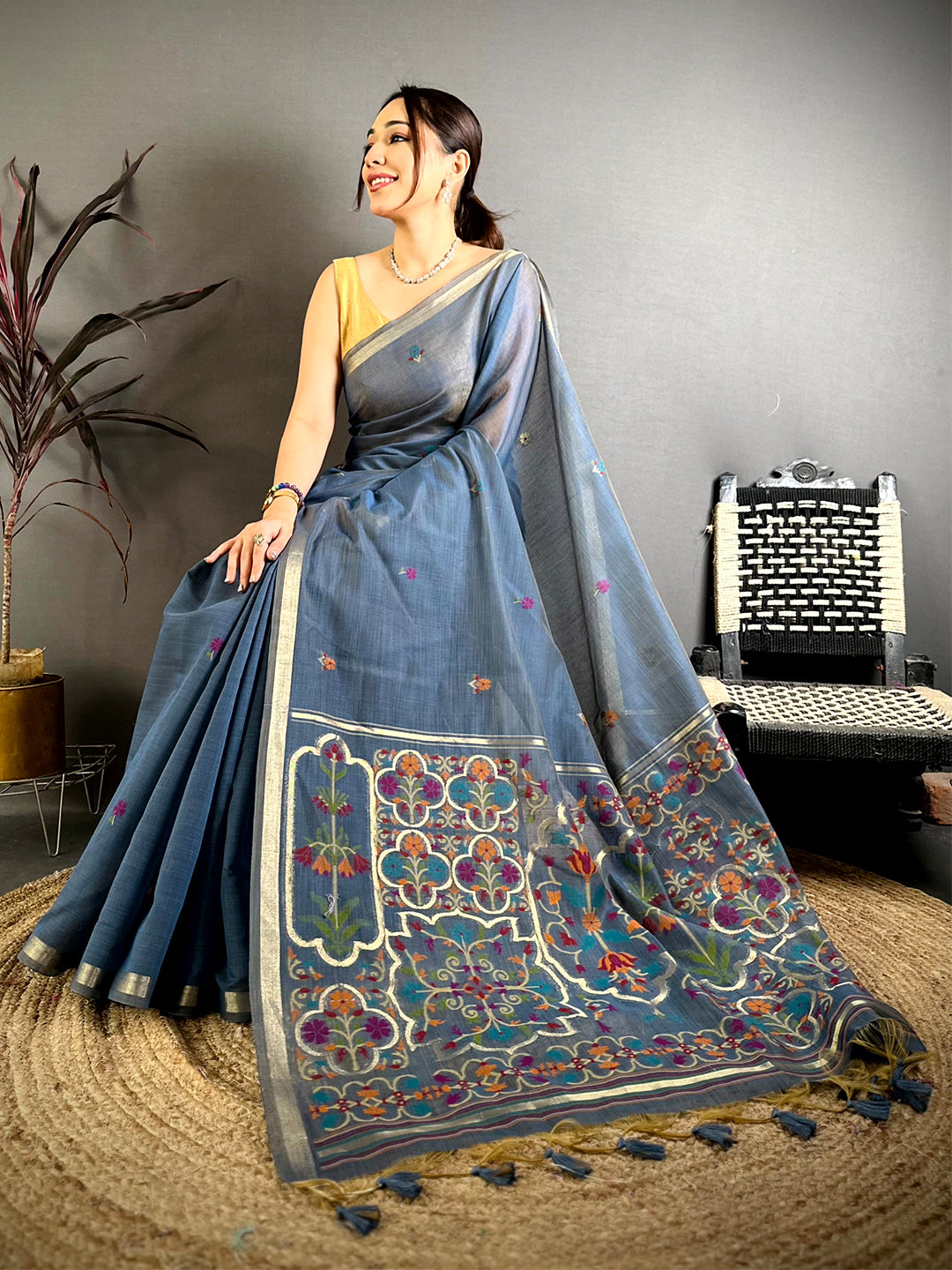 Navy Minakari Khadi Cotton Saree