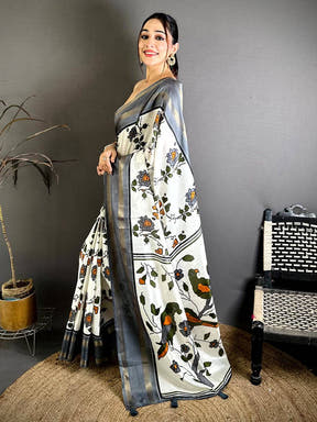 Grey Soft Dola Floral Print Gadwal Border Saree