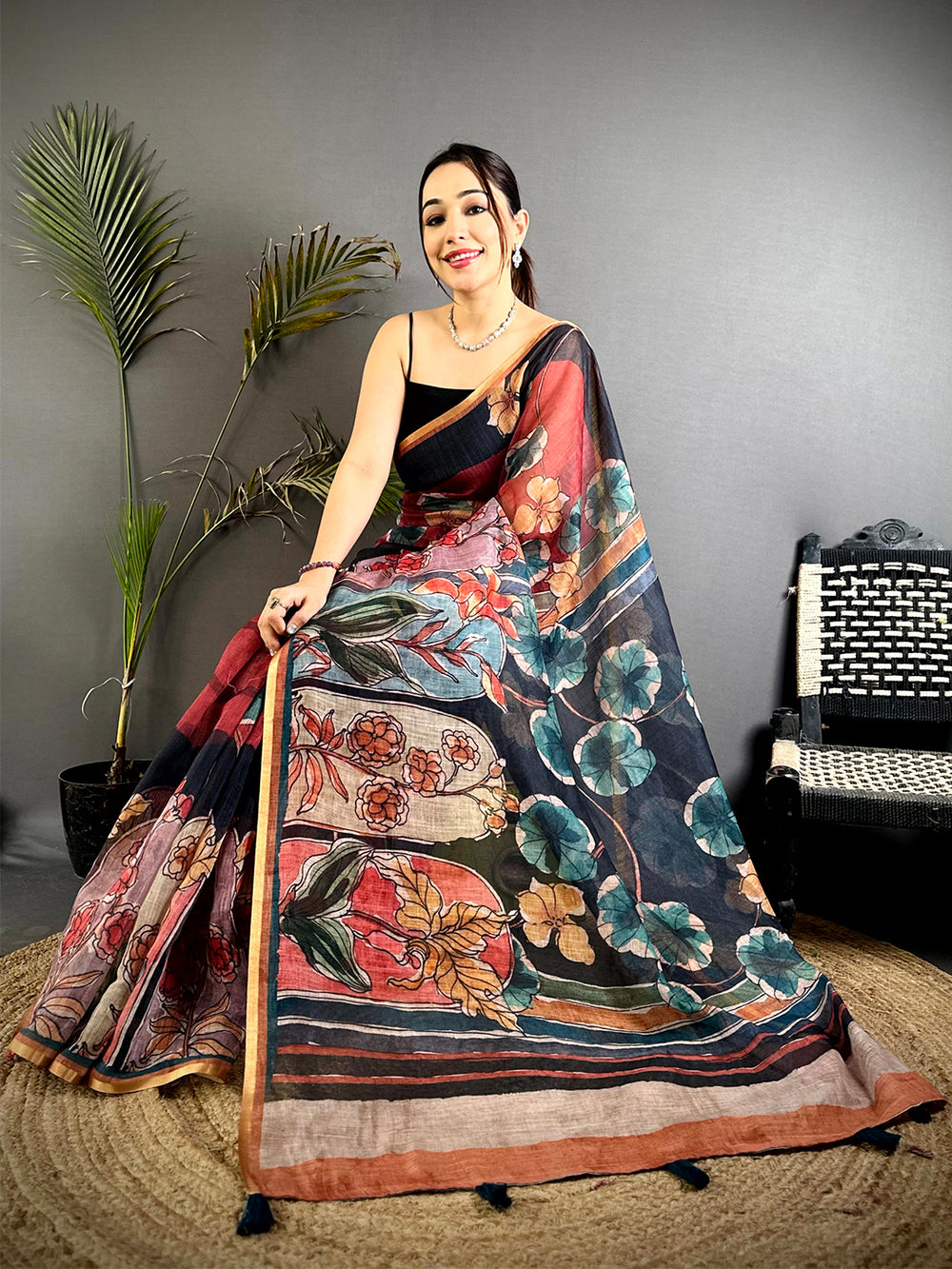 Classic Hand Block Floral Linen Saree
