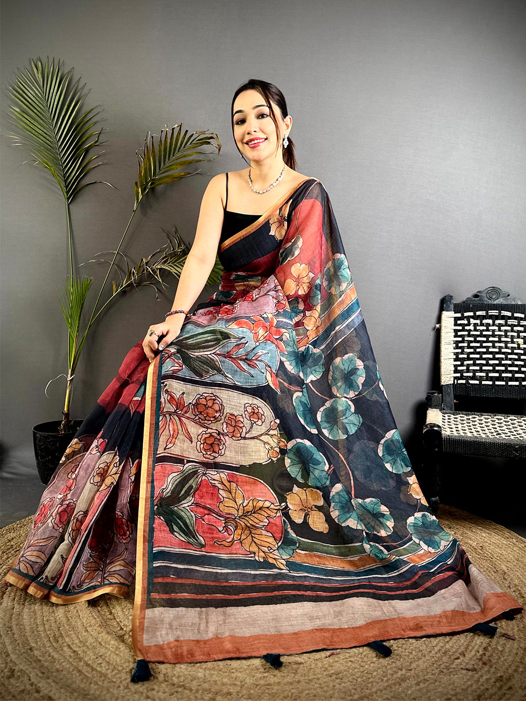 Classic Hand Block Floral Linen Saree
