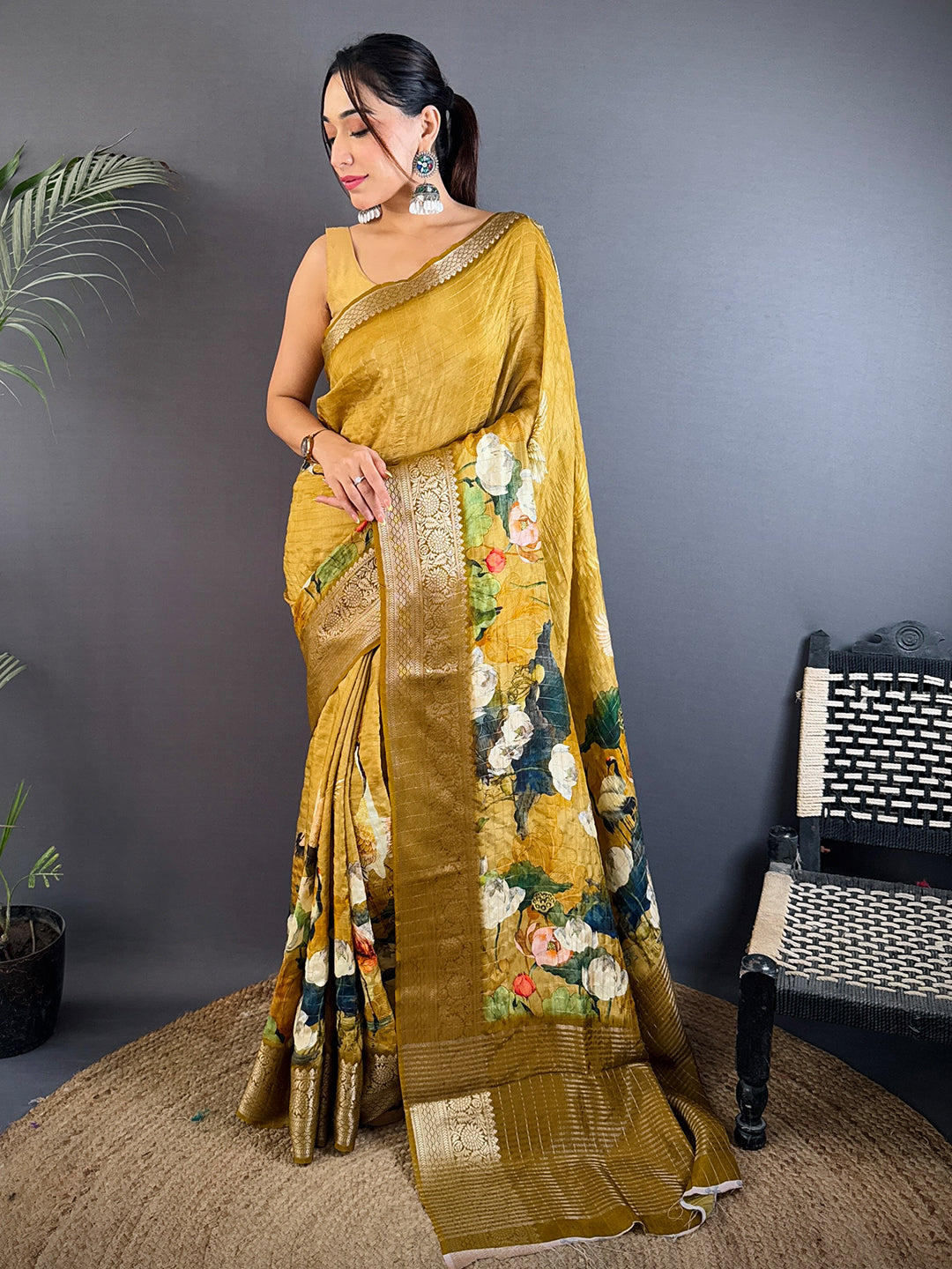 Mustard Viscose Kanchi Pattu Border Saree