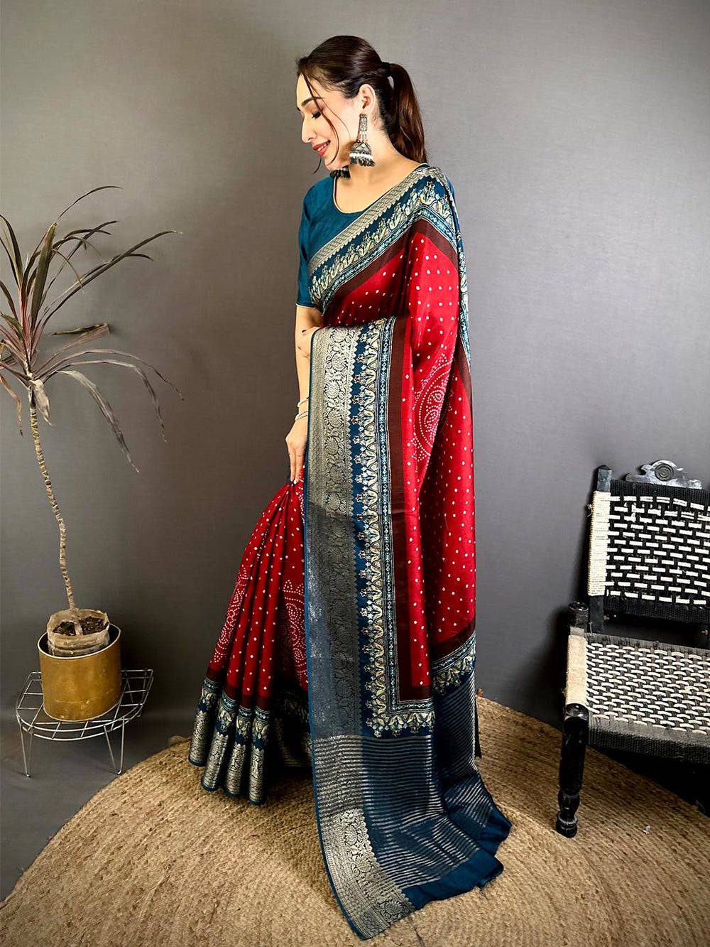 Red Viscose Dola Bandhej Print Saree