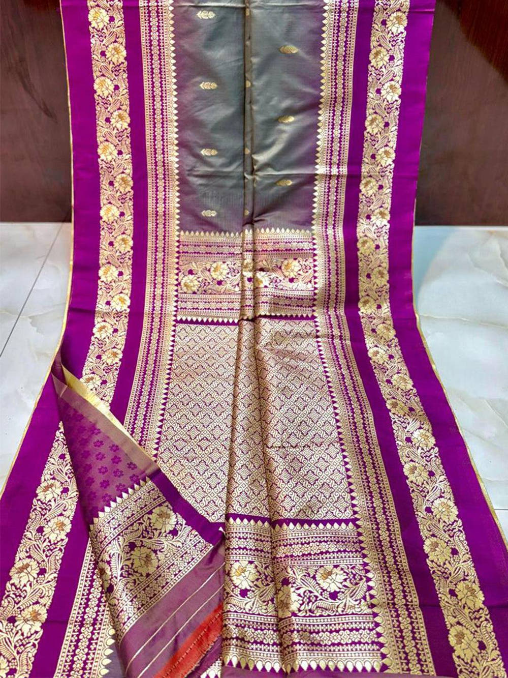 Gold Zari Woven Grey Soft Silk Saree

