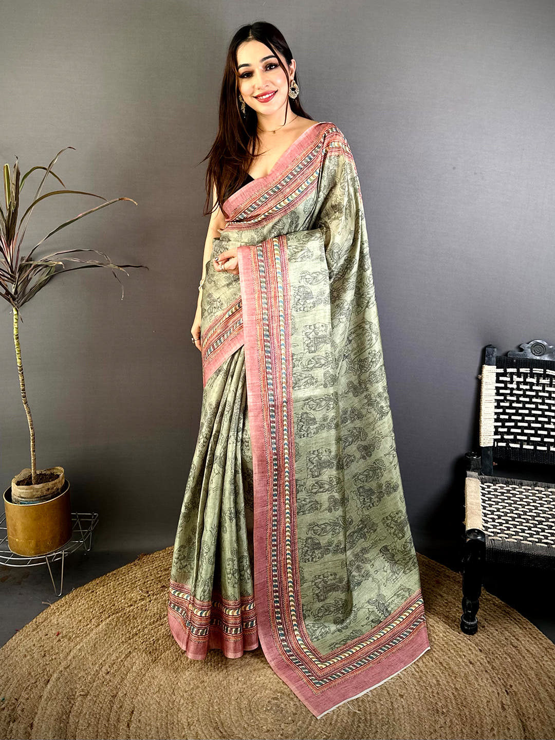 Elegant Tussar Elephant Motif Print Saree