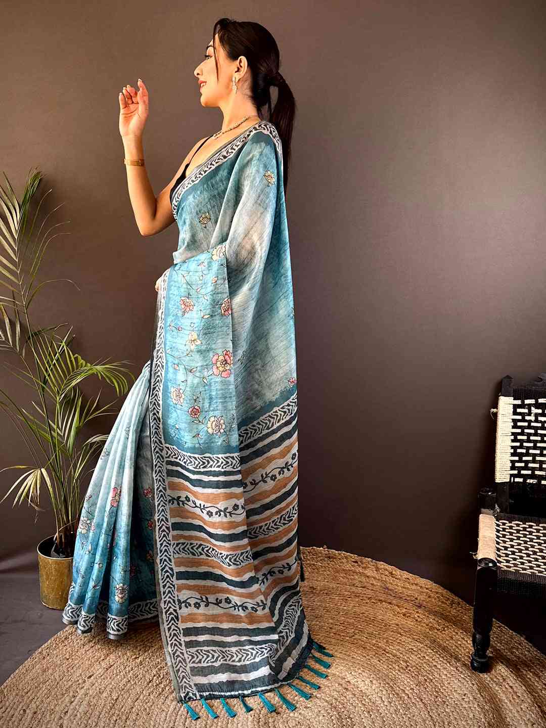 Blue Tissue Digital Print Saree