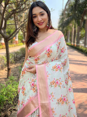Model Wearing Light Peach Floral Kota Saree