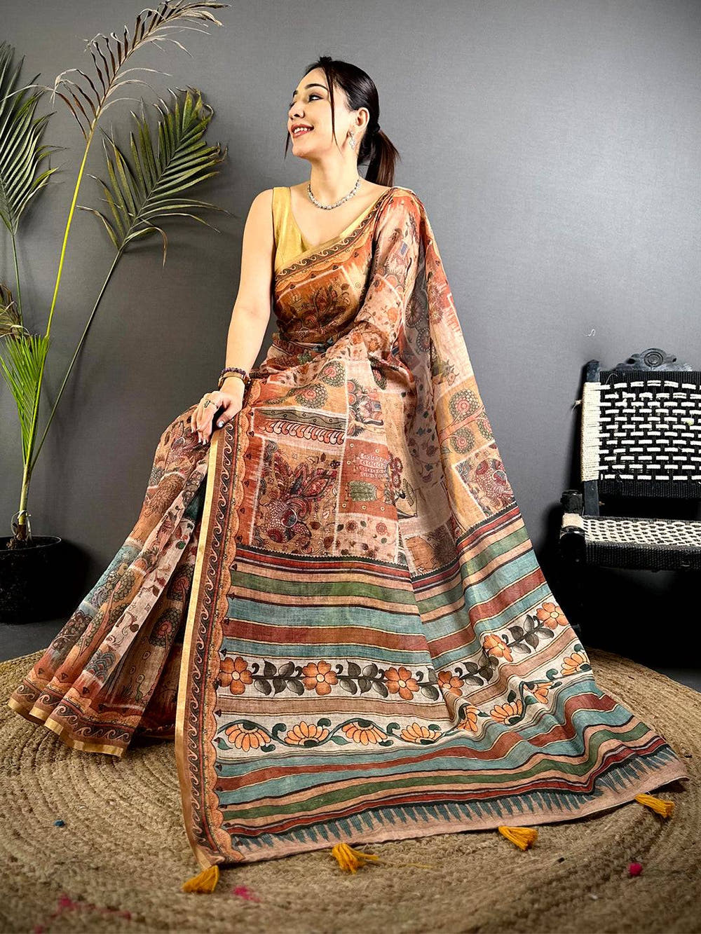 Heritage Minakari Kalamkari Linen Saree