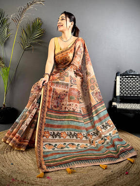 Heritage Minakari Kalamkari Linen Saree