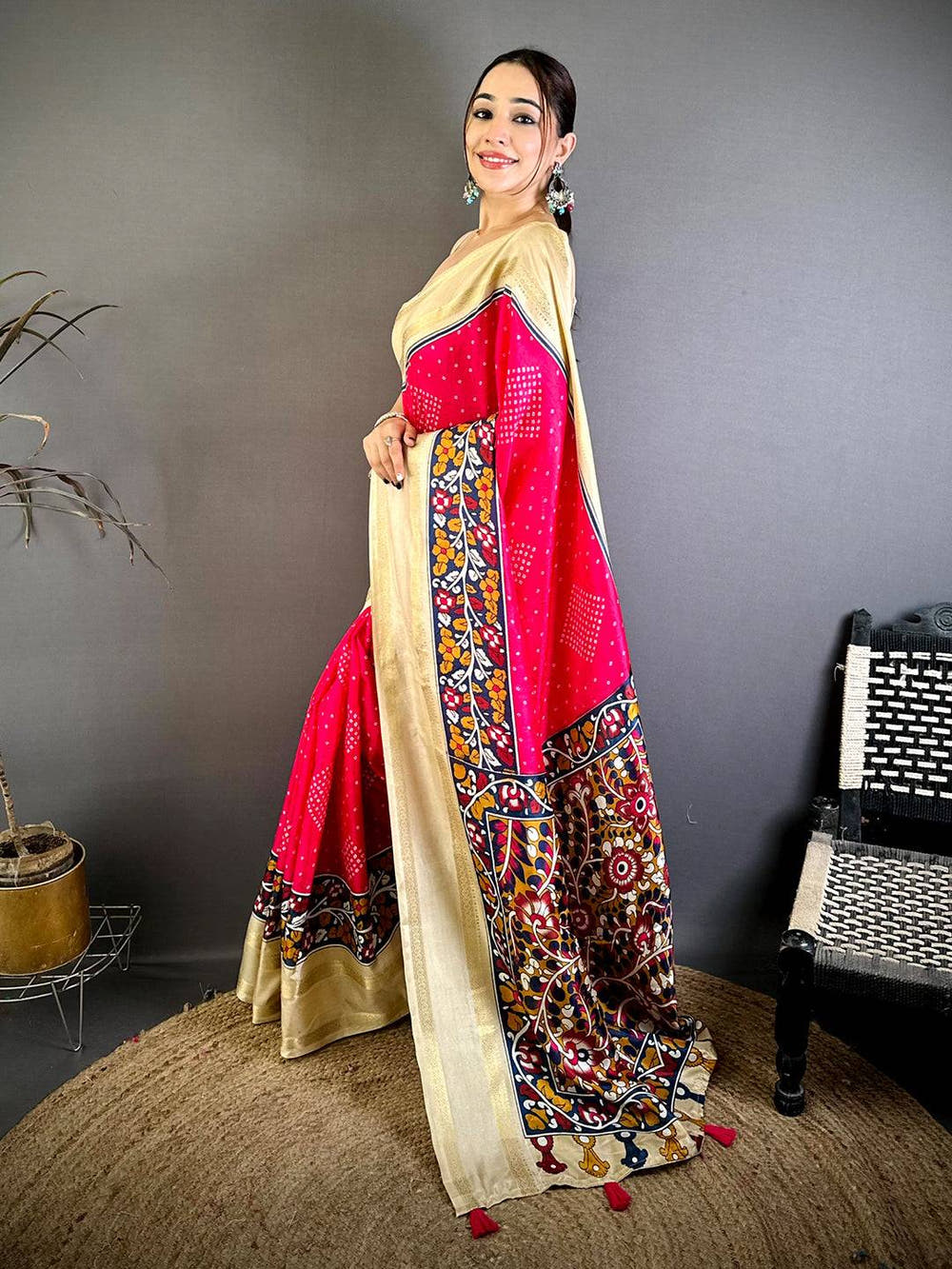 Radiant Bandhej Print Dola Silk Saree