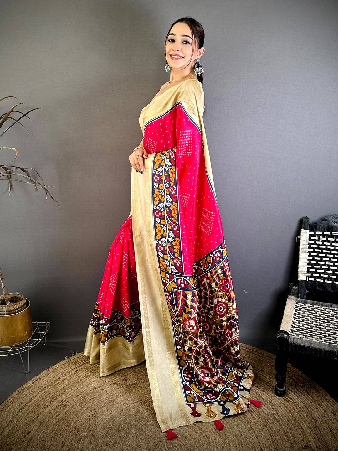 Radiant Bandhej Print Dola Silk Saree