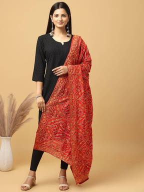 Model wearing red embroidered poly chiffon dupatta