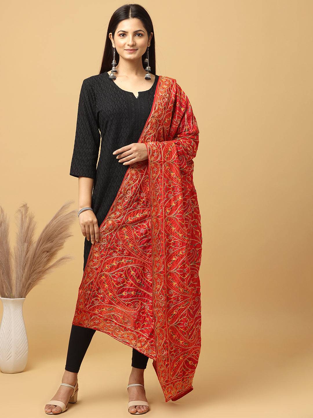 Model wearing red embroidered poly chiffon dupatta