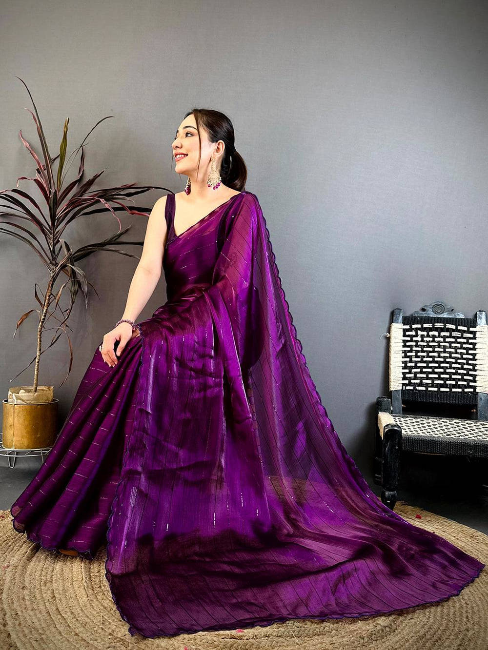 Wine Soft Chinon Chiffon Embroidered Saree