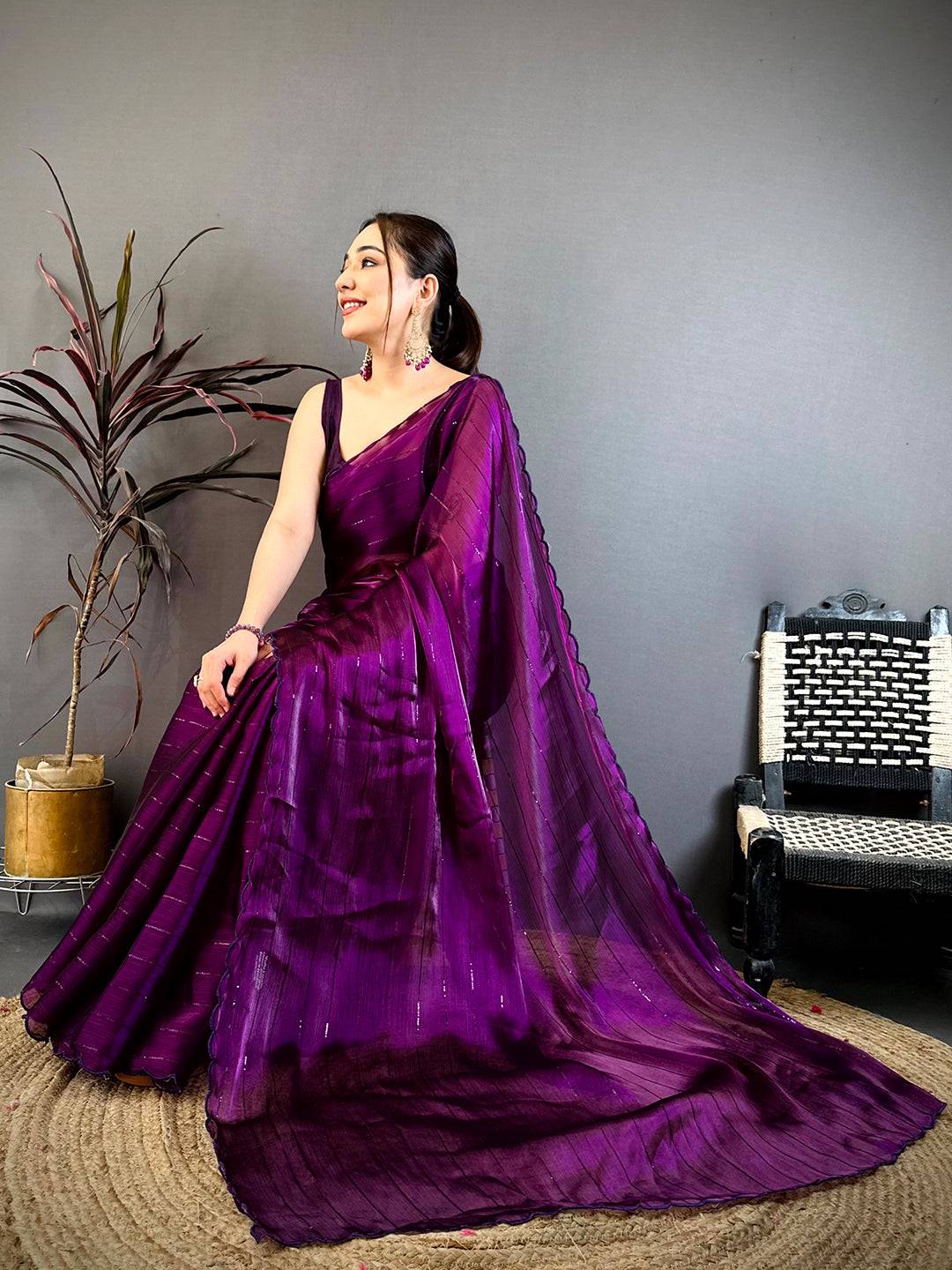 Wine Soft Chinon Chiffon Embroidered Saree