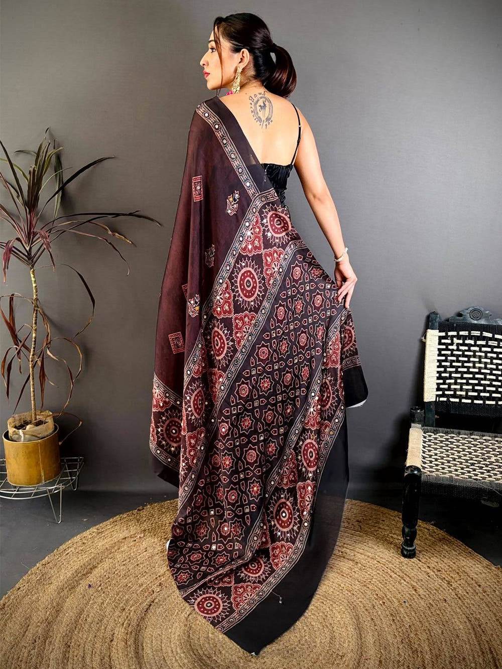 Classic Ajrakh Print Mirror Work Saree