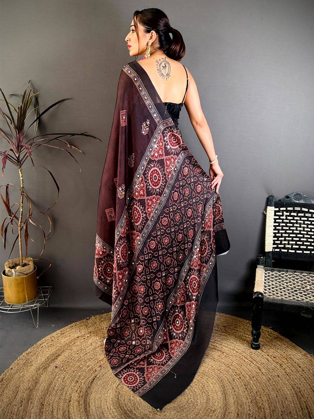 Classic Ajrakh Print Mirror Work Saree