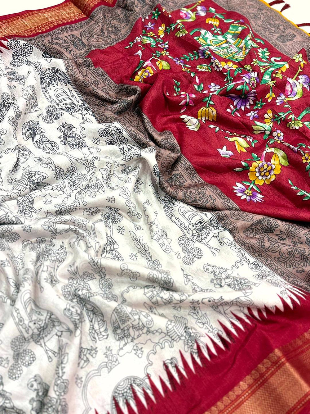 Elegant Pen Kalamkari Dola Silk Saree