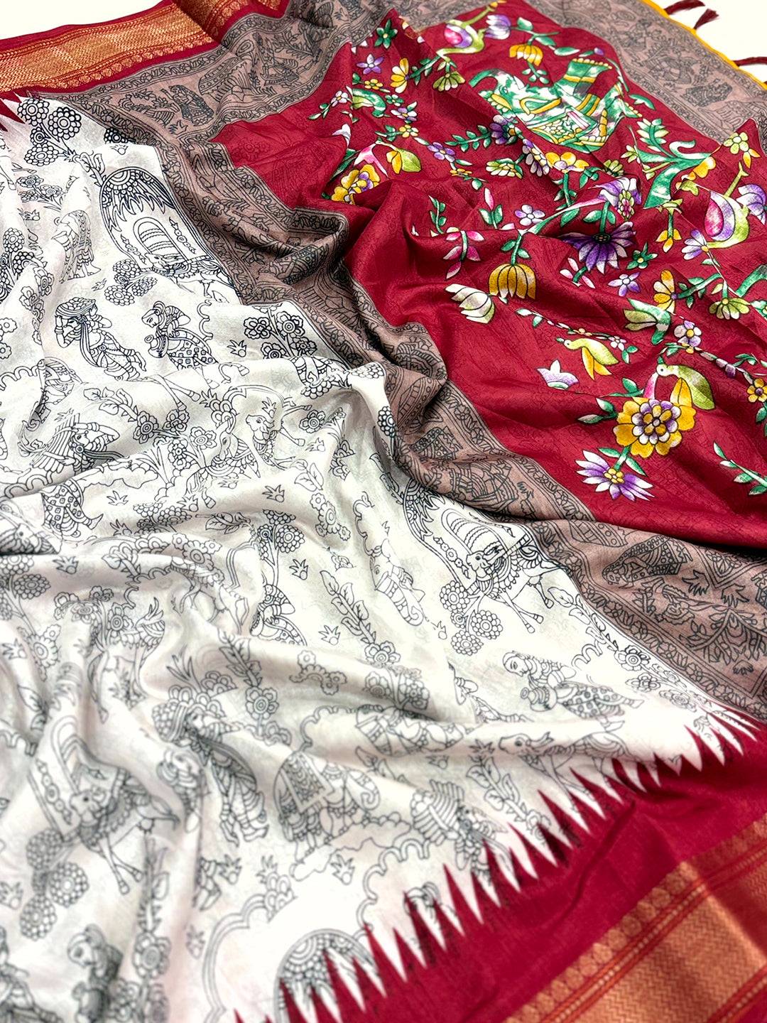 Elegant Pen Kalamkari Dola Silk Saree