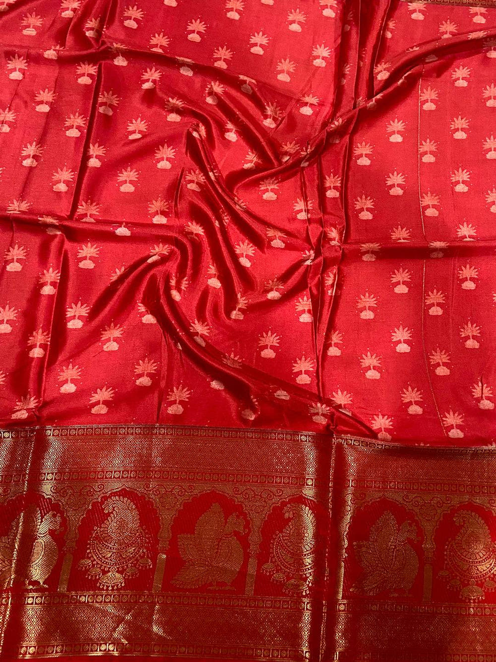 Elegance Soft Cherry Satin Kalamkari Print Saree