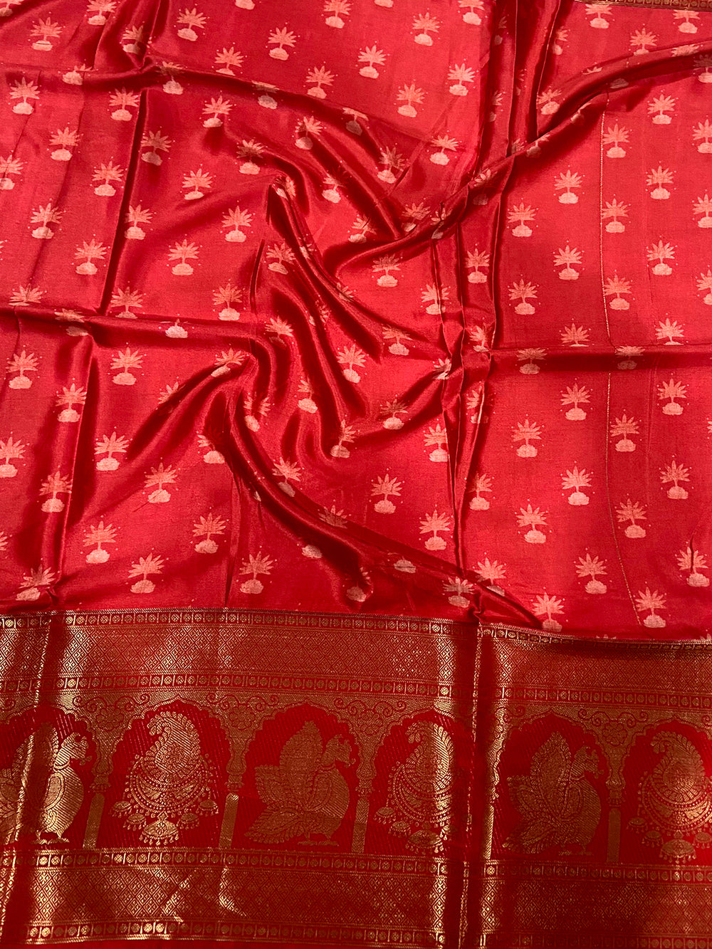 Elegance Soft Cherry Satin Kalamkari Print Saree