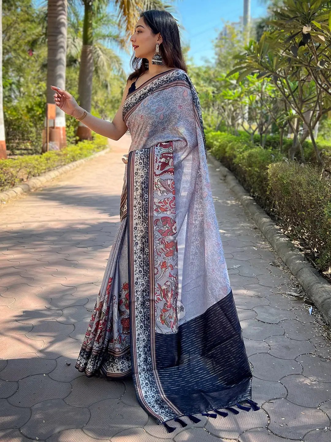 Elegant Kalamkari Saree in Lavender Satin Kota Doria
