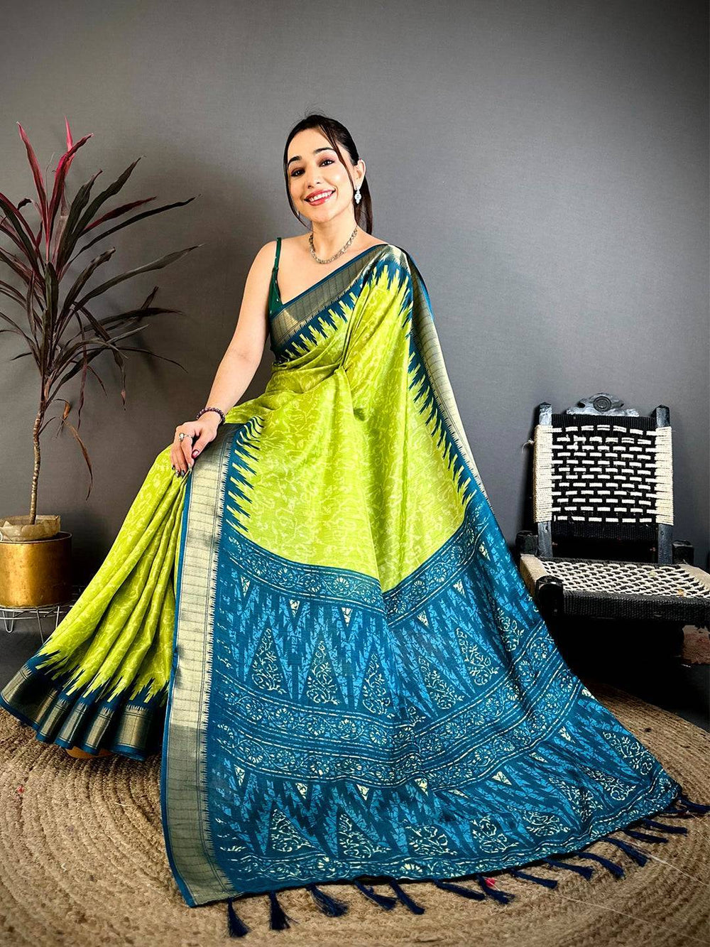Lime Green Pearl Ikkat Dola Silk Saree