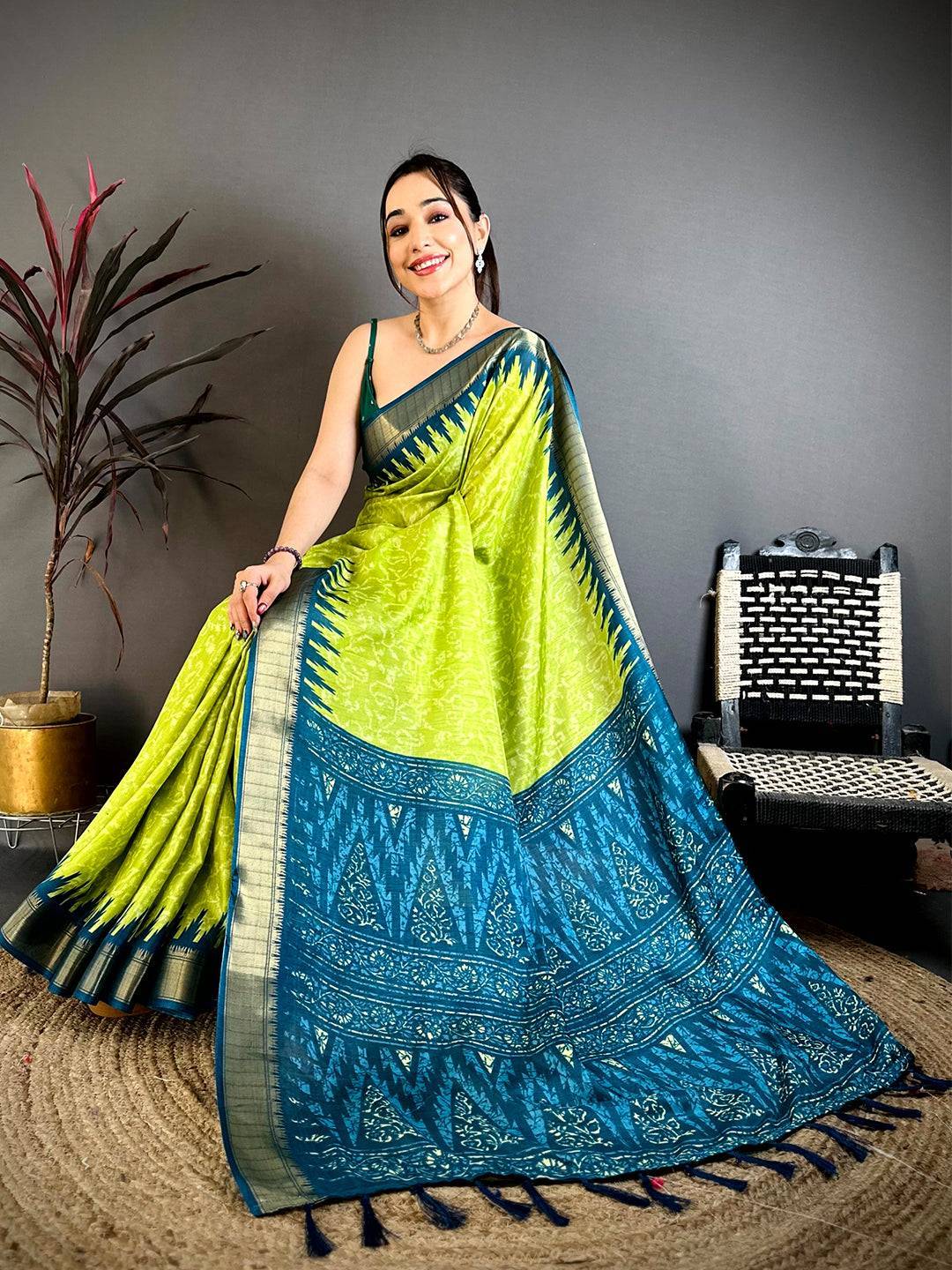 Lime Green Pearl Ikkat Dola Silk Saree