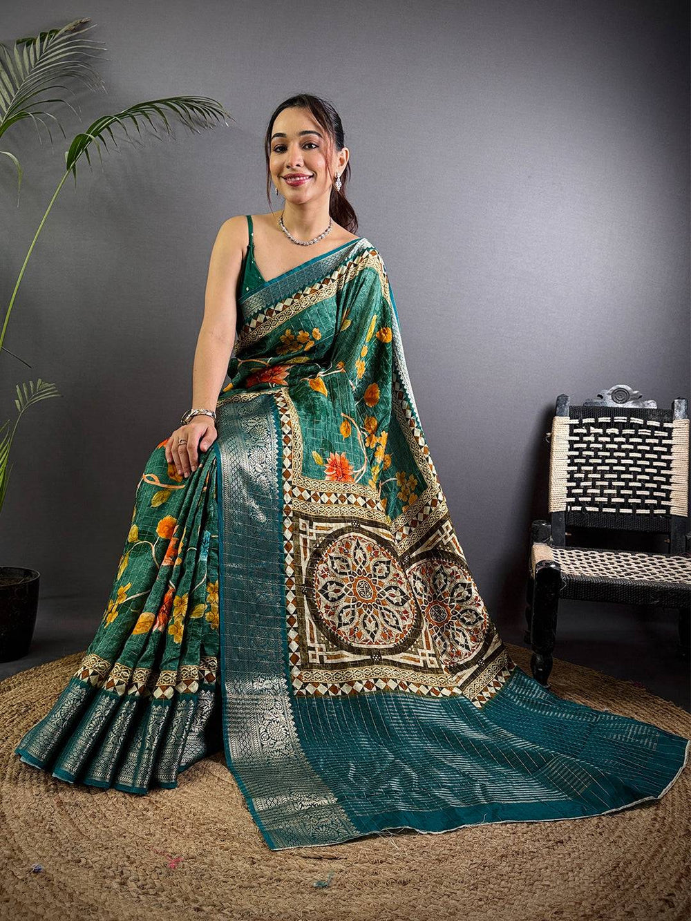 Teal Pure Viscose Floral Printed Saree