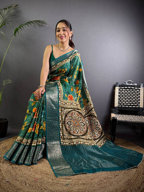 Teal Pure Viscose Floral Printed Saree