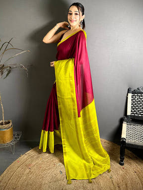 Wine Soft Kota Crepe Contrast Border Saree