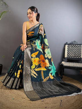 Bottle Green Floral Kalamkari Viscose Saree