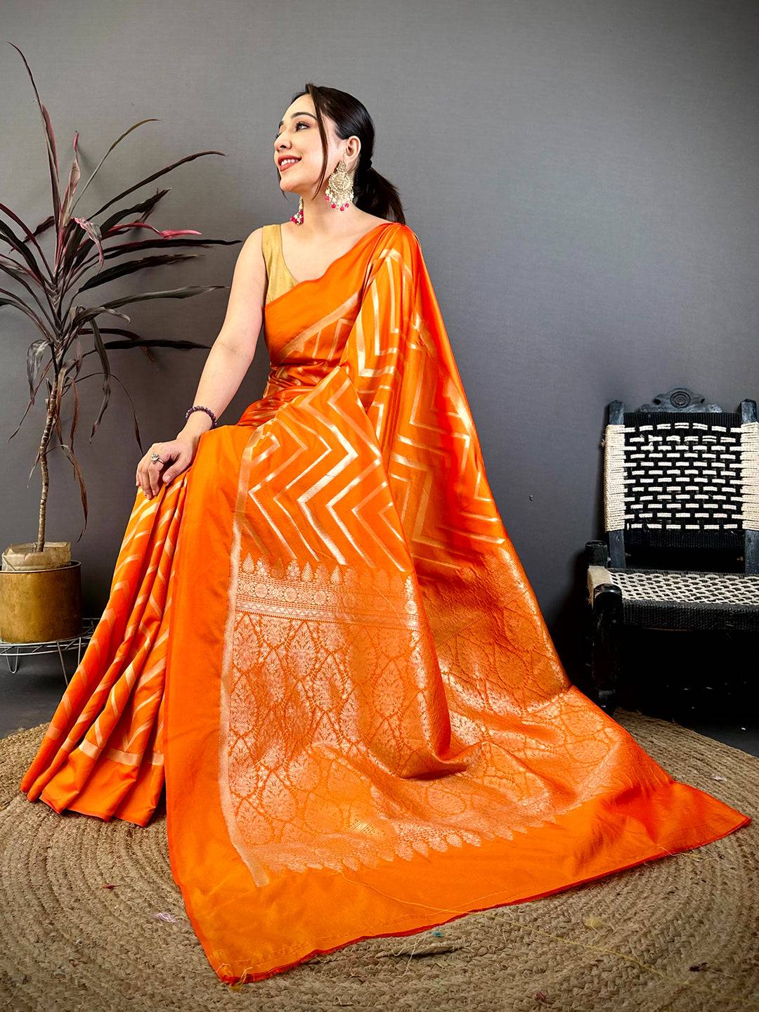 Orange Geometric Zari Weave Banarasi Saree