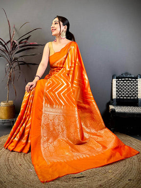 Orange Geometric Zari Weave Banarasi Saree